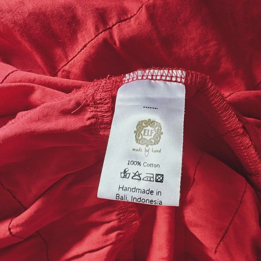 Red Cotton Puff Sleeve Babydoll Pintuck Tiered Mini Dress made by E.L.F. XL - Picture 8 of 11